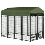 Pawhut Outdoor Dog Kennel, Lockable Pet Playpen Crate, Welded Wire Steel Fence, with Water, UV-Resistant Canopy, Rotating Bowl Holders, Door, 8ft x 4ft x 6ft, Green and Black