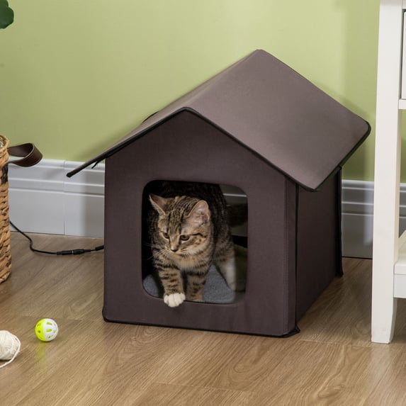 Pawhut Outdoor Heated Cat House, Brown , 21-in