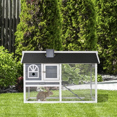 Pawhut Rabbit Hutch with Roof Slide-out Tray Ramp 47" L x 23.5" W x 31" H, Grey & White