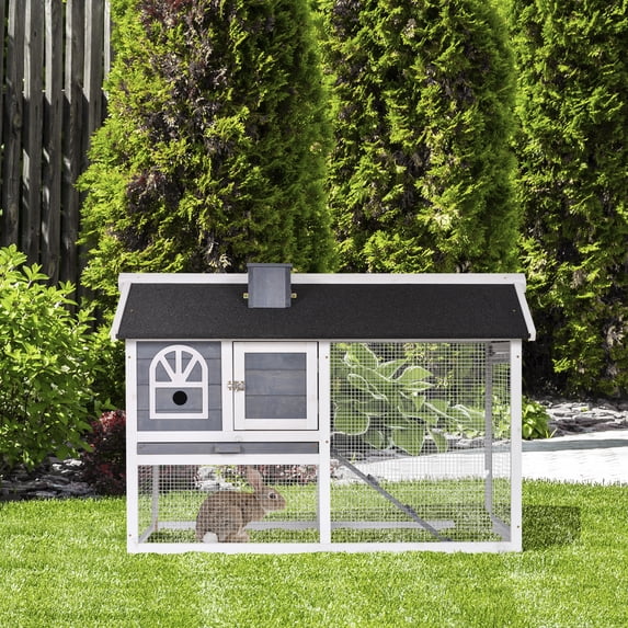 Pawhut Rabbit Hutch with Roof Slide-out Tray Ramp 47" L x 23.5" W x 31" H, Grey & White