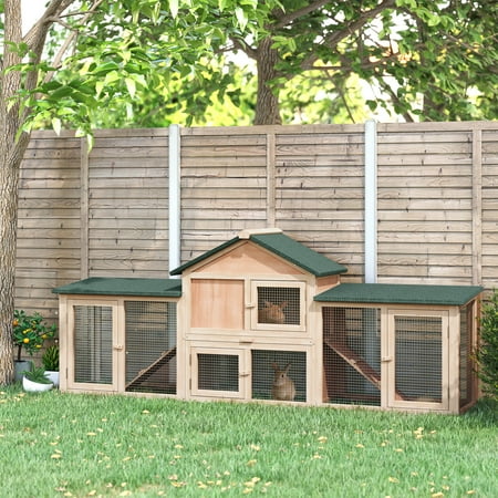 Pawhut Rabbit Hutch with Run Area Ladder Removable Tray, 83" L x 18" W x 33" H