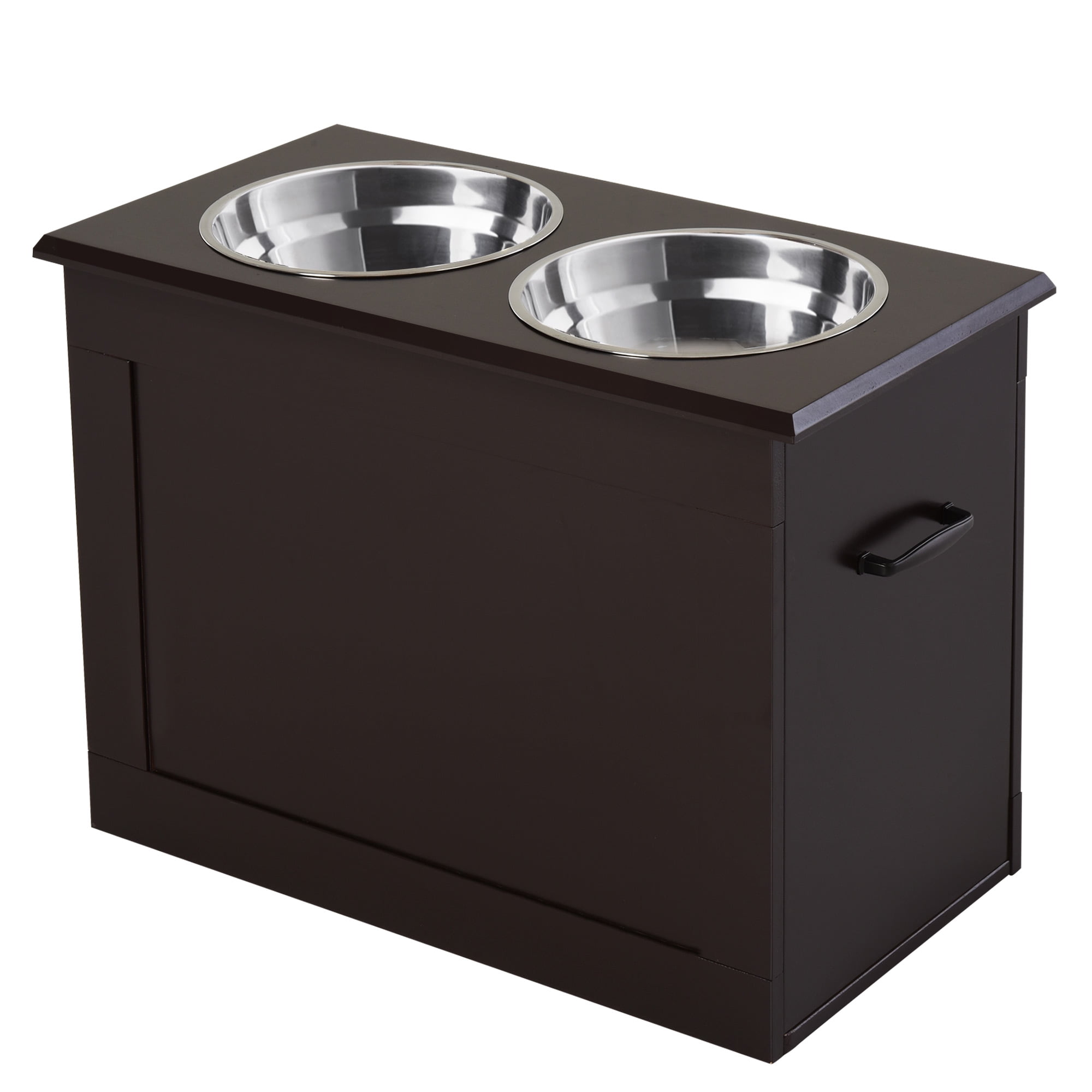 Dark Brown Elevated Pet Feeder with Stainless Steel Bowls