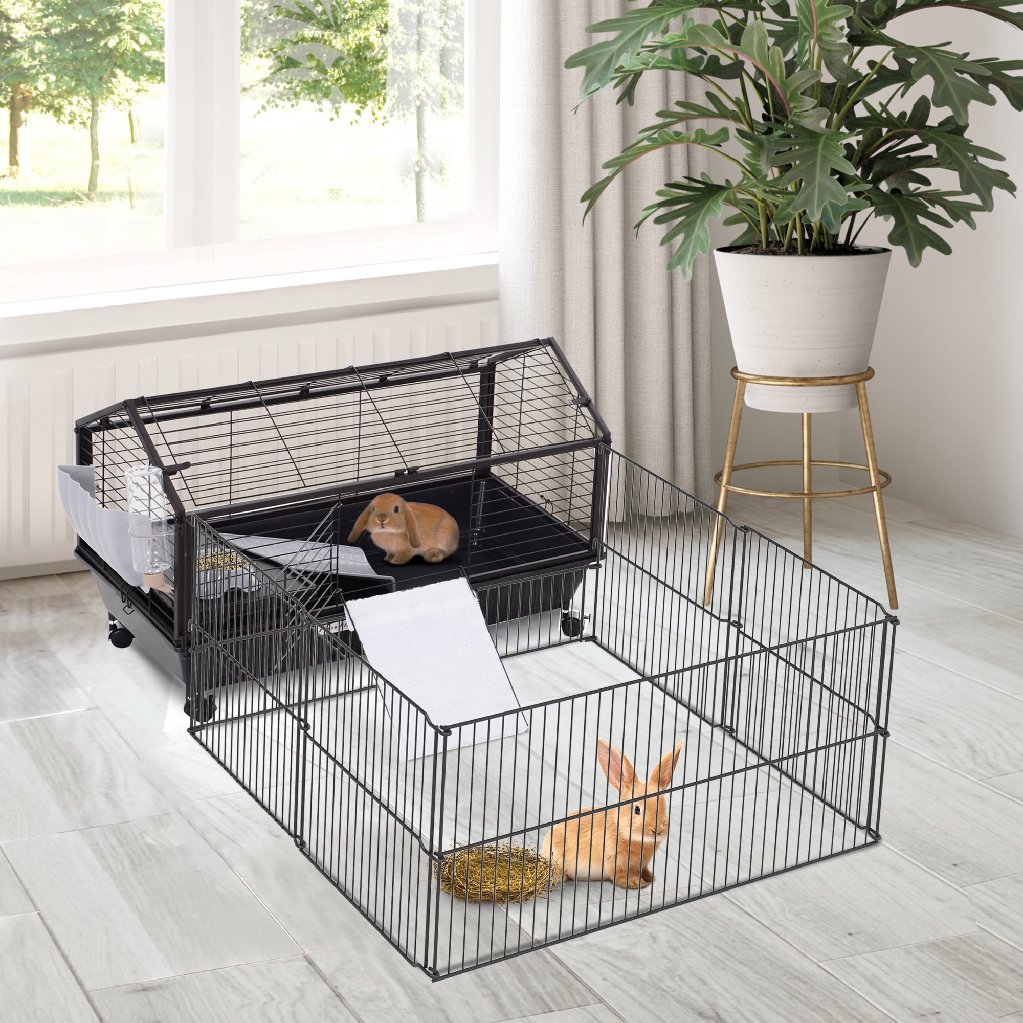Pawhut Large Indoor Outdoor Bunny Hutch Cage with Wheels and Rolling Metal Walmart