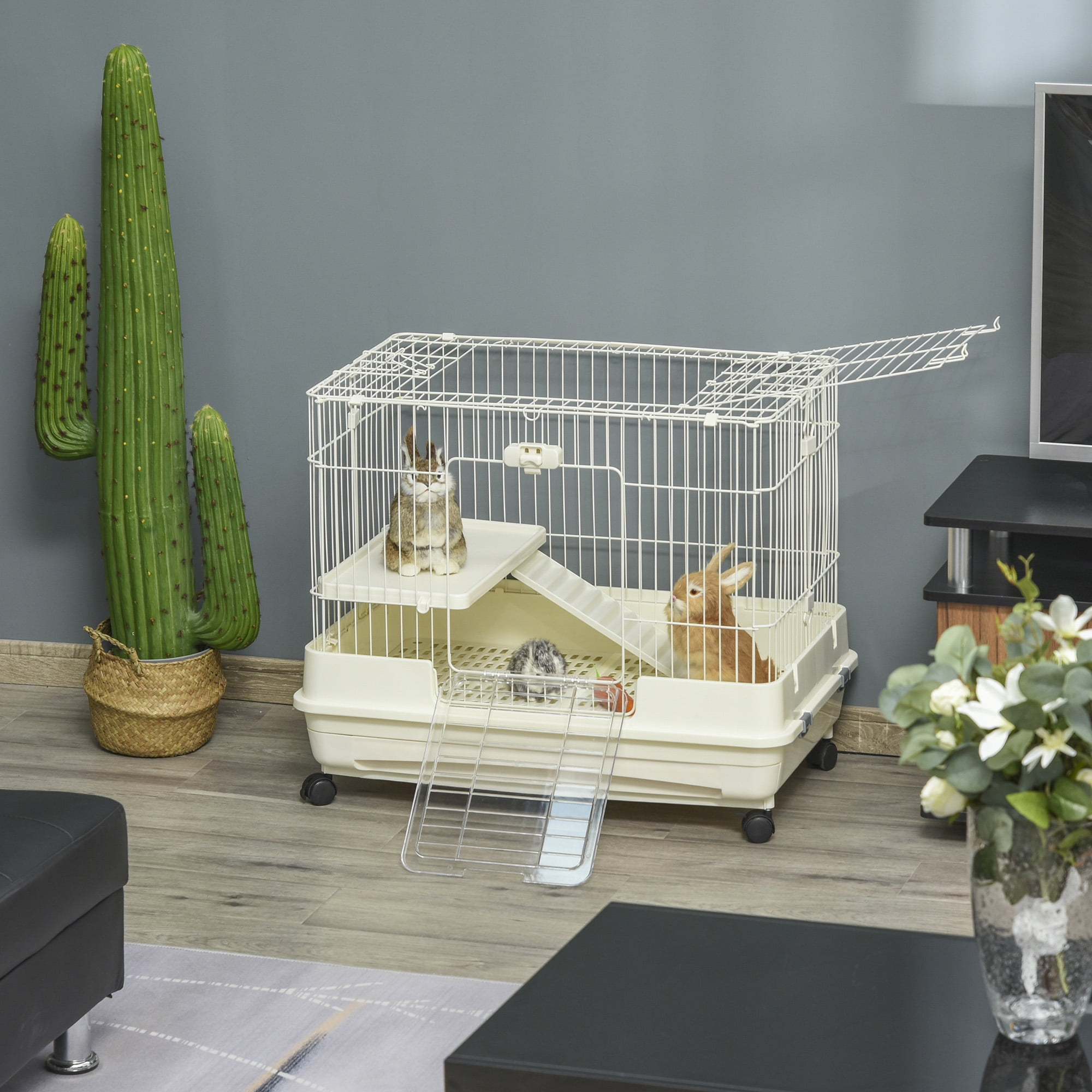 Pawhut Small Animal Habitat Cage with Wheels, White