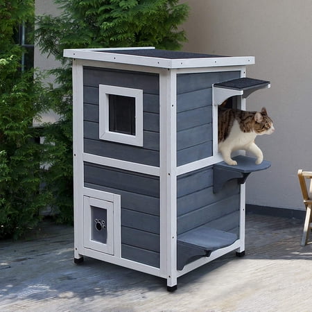 Pawhut Solid Wood 2-Floor Cat Condo Kitten Shelter with Window, Blue