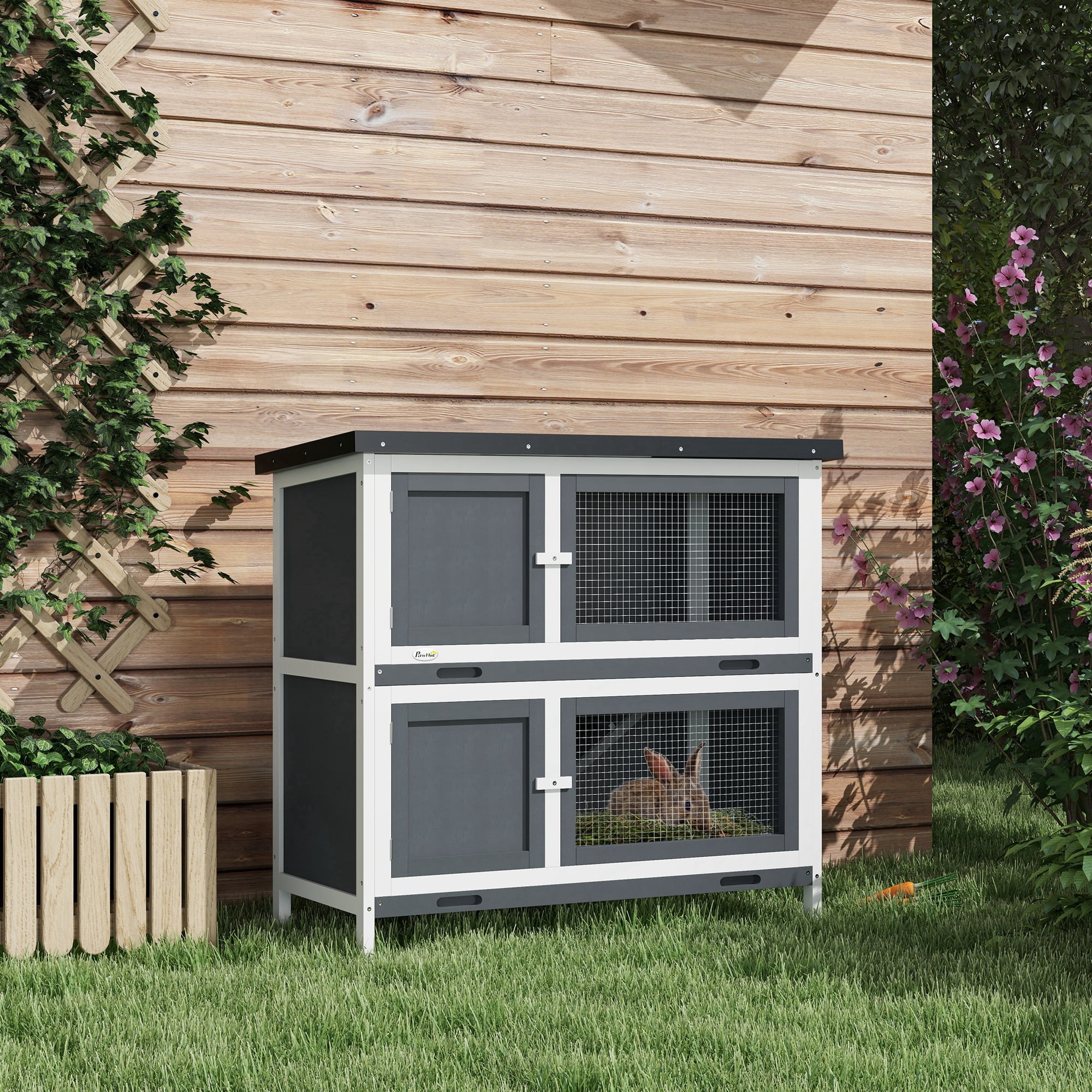 PawHut Wooden Bunny Rabbit Hutch, Small Animal Habitat with Ramp, Removable Tray & Weatherproof Roof, Indoor/Outdoor, Gray