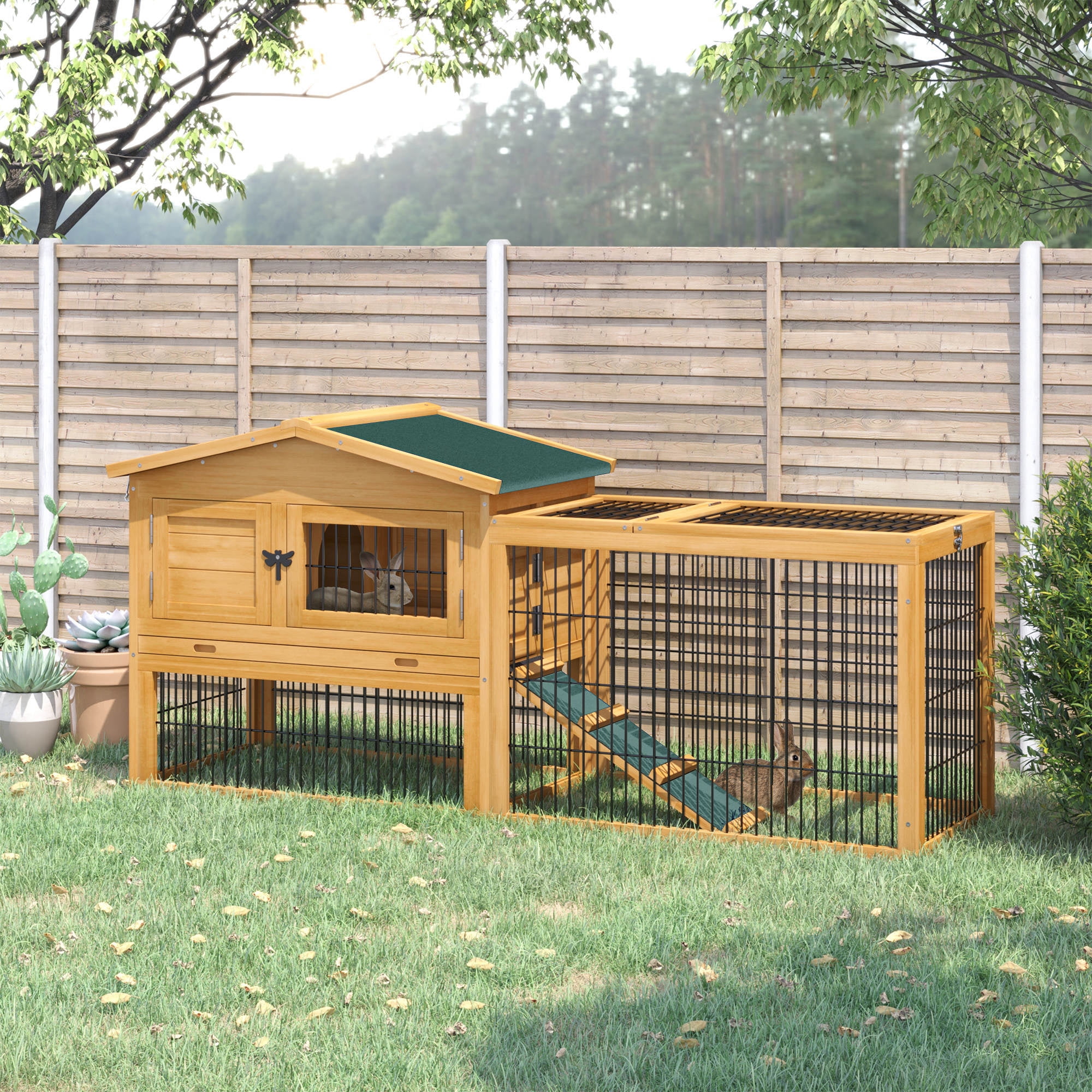 Beige Wooden Guinea Pig Hutch with Ramp and Waterproof Roof