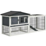 Pawhut Solid Wood Rabbit Hutch with 2 House Levels and Patio Space, Strong Black Metal Cage Wire, and Easy Clean Tray
