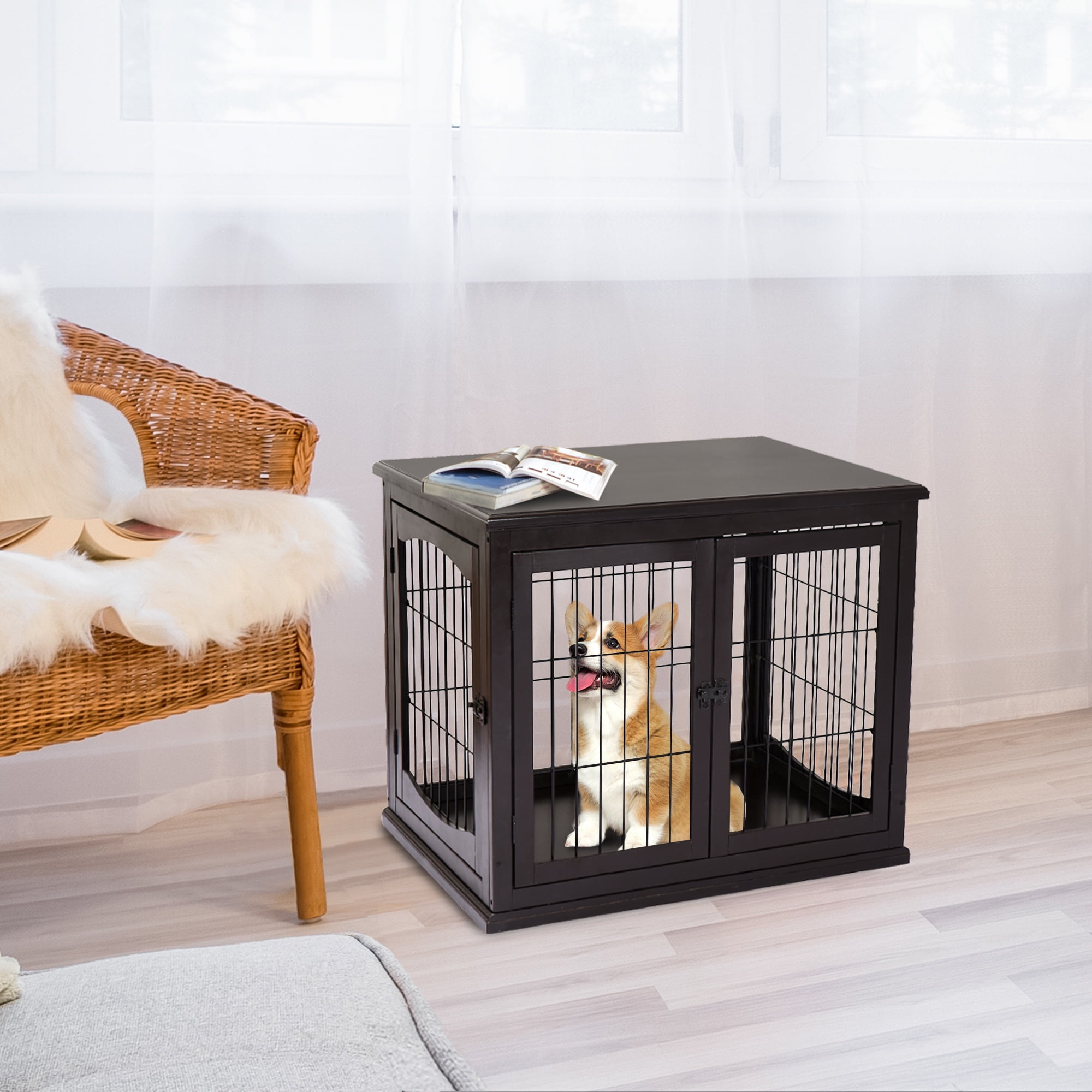 Extra Small Dark Brown Wooden Dog Crate Table