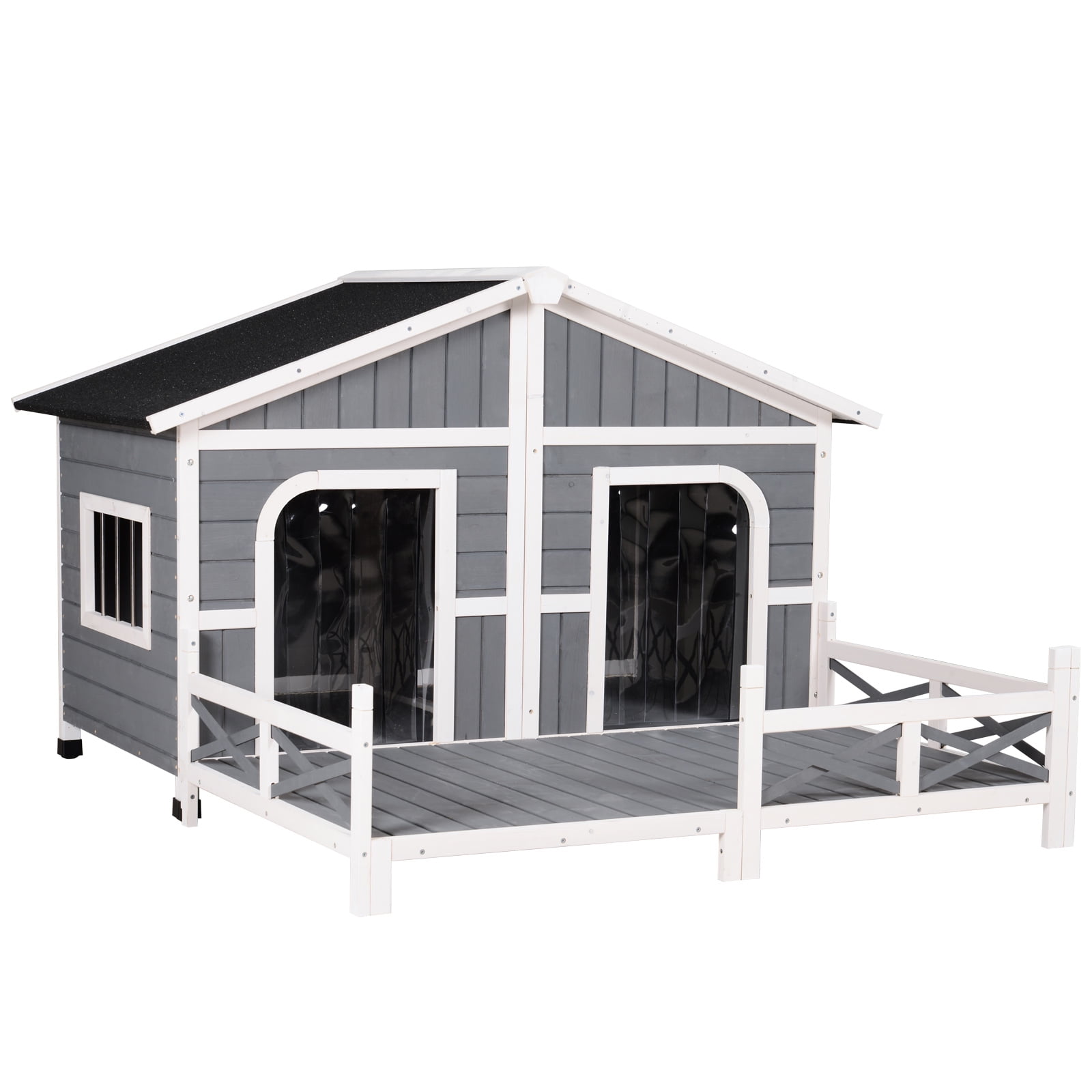 Elevated Large Wooden Dog House with Spacious Sun Deck, Gray
