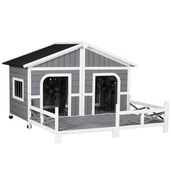 Pawhut Wooden Large Dog House, Perfect for the Porch or Deck and Includes Bottom Slide-Out Tray, 59" L, Gray