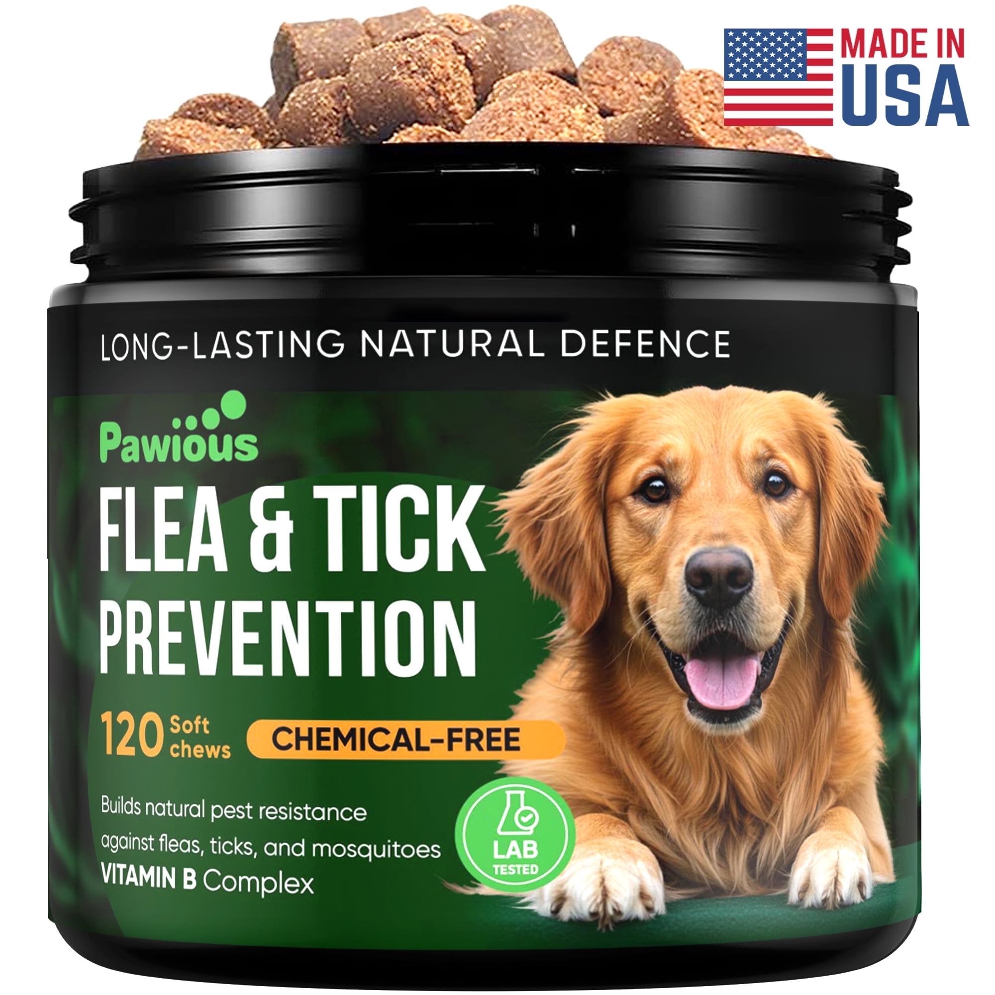 Pawious Flea and Tick Prevention for Dogs Chewables - Natural Oral Flea Pills for Dogs - 9 Oz, 120 Ct.