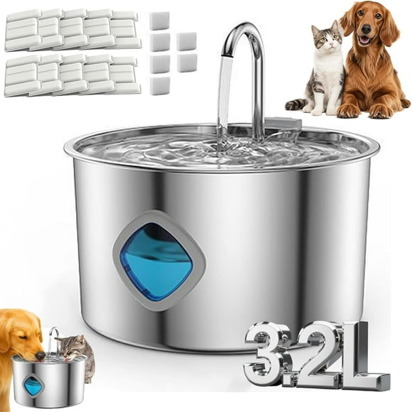Pawira Automatic Pet Water Fountain for Cats and Dogs, 108oz/3.2L Stainless Steel Fountain with 4-Stage Filtration, Ultra-Quiet Pump, Visible Water Window & 2 Filters Included