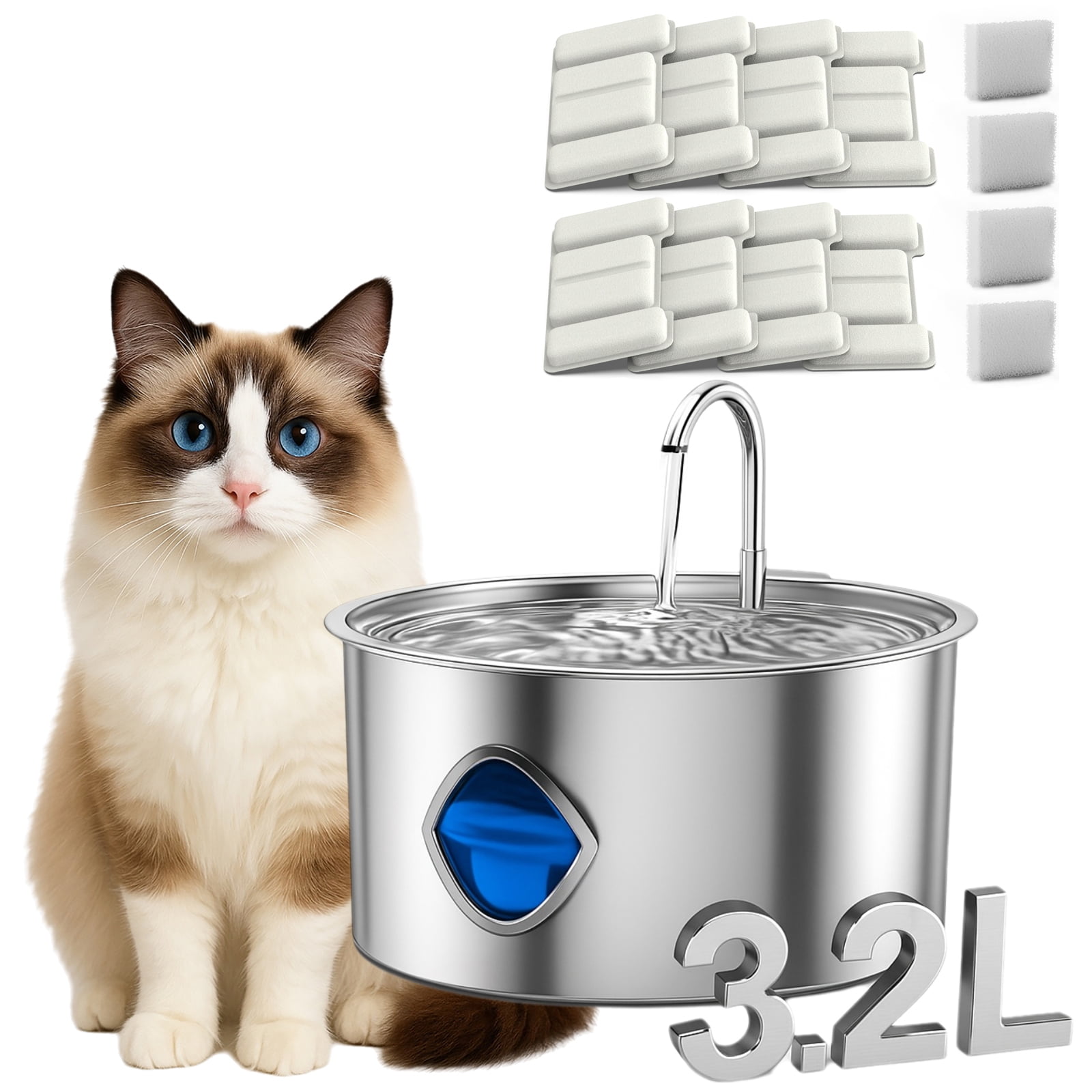 Pawira Cat Fountain, New Upgraded 3.2L/108oz Pawira Water Fountain for Cats with Replacement Filter, Natural Circulation Filtered Water, 304 Stainless Steel Material, Quiet and Easy to Clean