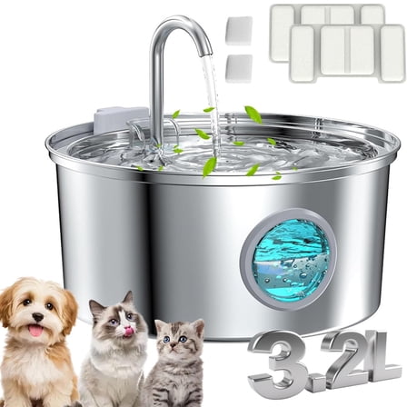 Pawira Stainless Steel Cat Water Fountain, 3.2L/7L Ultra-Quiet Pet Drinking Fountain for Small Cats, Dogs, and Medium to Large Pets