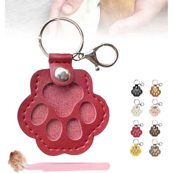 Paw Shaped Leather Memorial Keepsake for Dog Cat Fur Storage, Pet Keychain Refillable, Cat & Dog Hair Keychains, Unique Memorial Collection Keychain, Memorial Gift For Pet Lovers (Red 1)