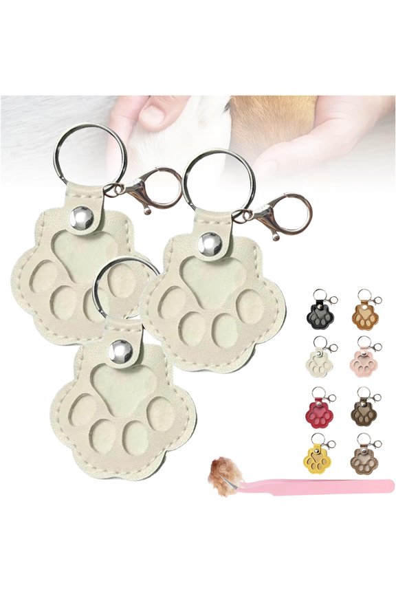 Paw Shaped Leather Memorial Keepsake for Dog Cat Fur Storage, Pet Keychain Refillable, Cat & Dog Hair Keychains, Unique Memorial Collection Keychain, Memorial Gift For Pet Lovers (White 3)