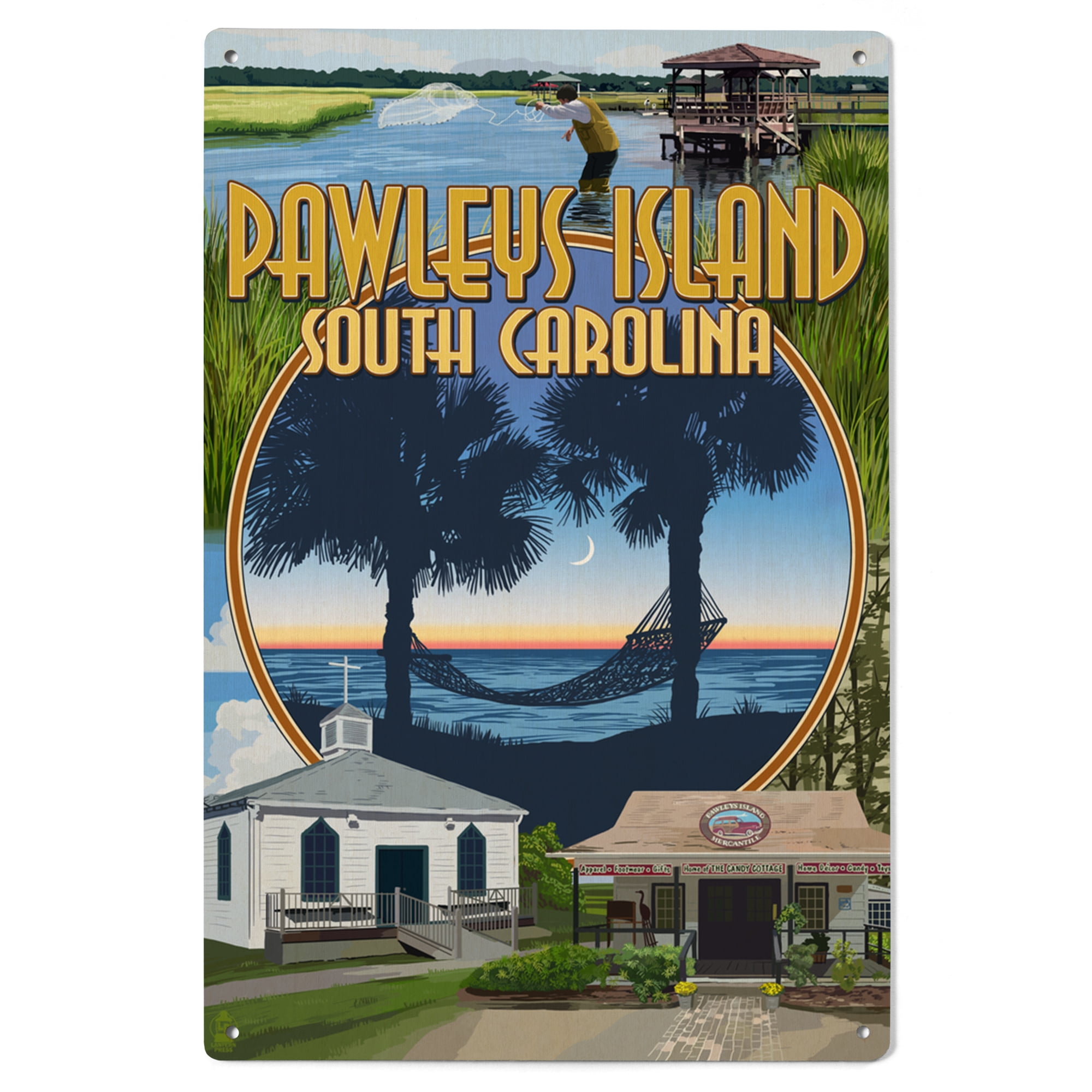 Pawleys Island, South Carolina, Montage Birch Wood Wall Sign (6x9 ...