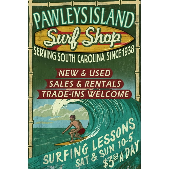 Pawleys Island, South Carolina, Surf Shop Vintage Sign (12x18 Wall Art Poster, Room Decor)