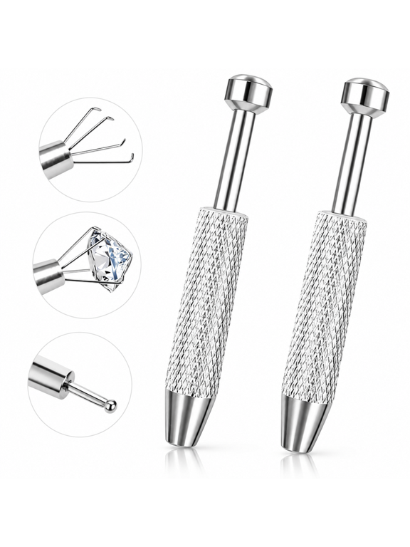 2Pcs Piercing Ball Grabber Tool for Changing Jewelry,Stainless Steel Flat Back Earring Applicator Internally Threaded Push Pin Piercing Grabber Tool,Anti Slip 4 Claw Gem Ball Grabber Tool