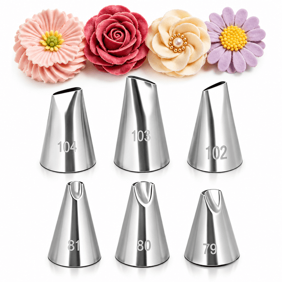 Pawlora 6 Pcs Flower Piping Tips Set,79 80 81 102 103 104 Flower Petal Icing Tips Piping Nozzles Decorating Tips Stainless Steel Cakes Decor Pastry Tools for Cake Decorating