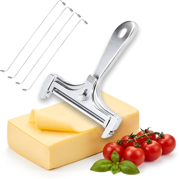 Pawlora Adjustable Wire Cheese Slicer for Block Cheese,Handheld Stainless Steel Cheese Cutter with 4 Extra Wires,Rolling Cheese Wire Slicer for Mozzarella,Cheddar,Gruyere