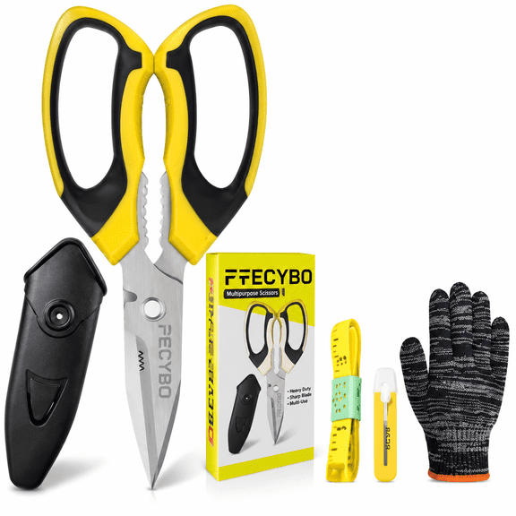 Pawlora Heavy Duty 8 Multipurpose Scissors with Protective Cover, Stainless Steel Serrated Blades, Easy Cutting Cardboard, Leather, Fabric, Wires, Nutcracker, Yellow