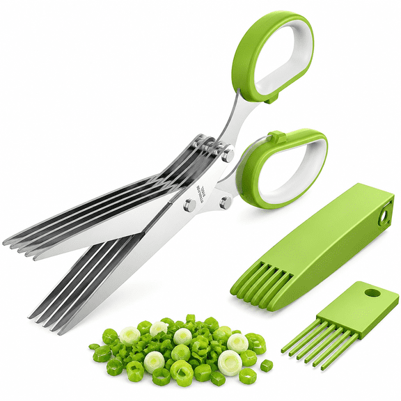 Pawlora Kitchen Herb Shears Cutter with 5 Blades and Cover,Sharp Dishwasher Safe Kitchen Gadget Kitchen Scissors- Green