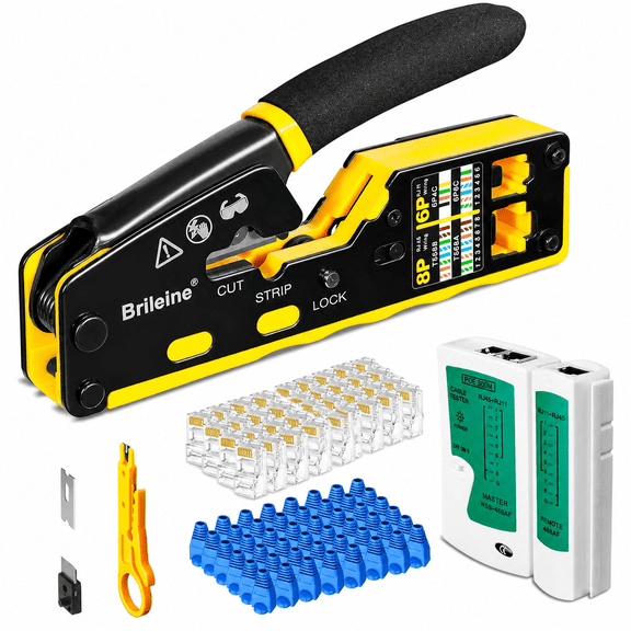 Pawlora Rj45 Crimp Tool Pass through Kit Ethernet Crimper Cat5 Cat5E Cat6 Crimping Tool for Rj11/Rj12 6P/8P with Network Lan Cable Tester,50Pcs Cat6 Connectors,50Pcs Boots,Mini Cable Stripper