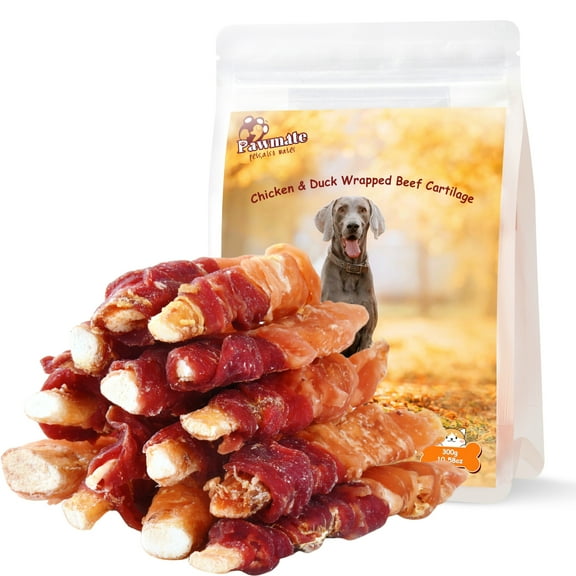 Pawmate Chicken & Duck Wrapped Beef Cartilage Dog Treats, Natural Soft Rawhide-Free Chews for All Dogs, 11oz