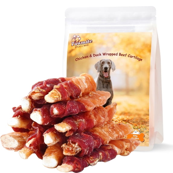 Pawmate Chicken and Duck Wrapped Beef Cartilage Dog Treats, Natural Soft Rawhide-Free Chews, 11oz
