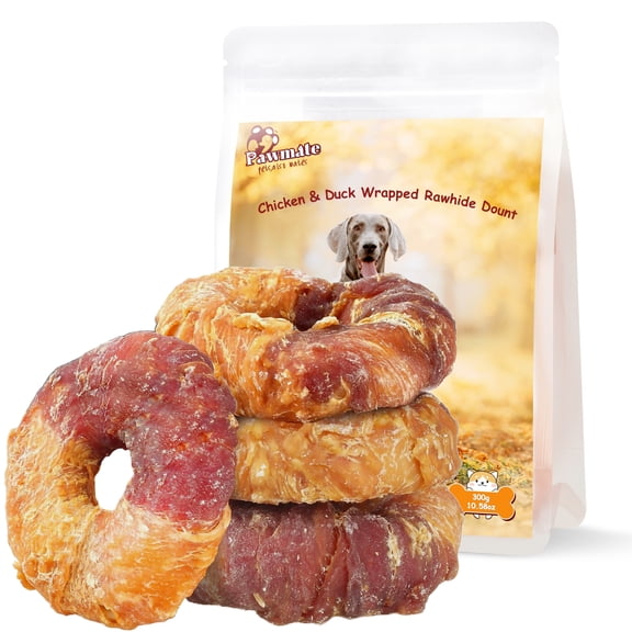 Pawmate Chicken & Duck Wrapped Rawhide Donut, Long Lasting Chews for Medium Large Dogs, 4 Count