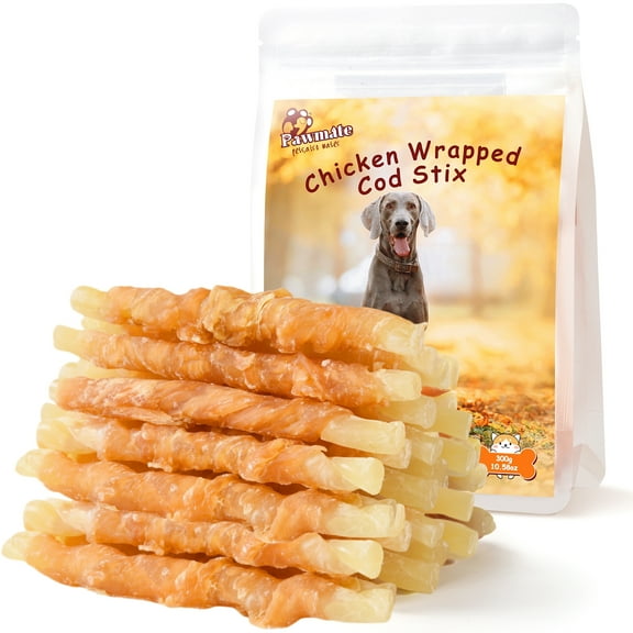 Pawmate Chicken Jerky & Cod Sticks Dog Treats, Omega3 Natural Soft Snacks for All Dogs, 15-17ct Bag, 11 oz