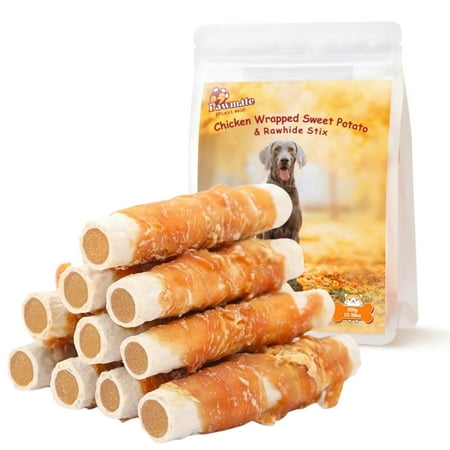 Pawmate Chicken Jerky & Sweet Potato Rawhide Dog Treats, Long Lasting Natural Chews for Medium Large Dogs, 6 Count