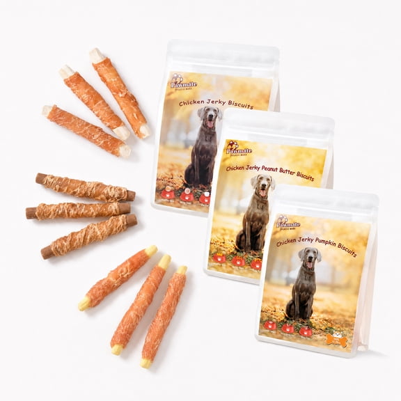 Pawmate Chicken Jerky Wrapped Biscuits Dog Treats 3 Packs, Pumpkin Biscuits, Crunchy Sticks & Peanut Butter Flavor for Small, Medium & Large Dogs, 33oz