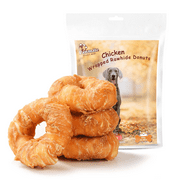 Pawmate Chicken Wrapped Rawhide Donuts Dog Treats, Long Lasting Chews Grain Free Snacks for Medium Large Dogs, 4 Counts