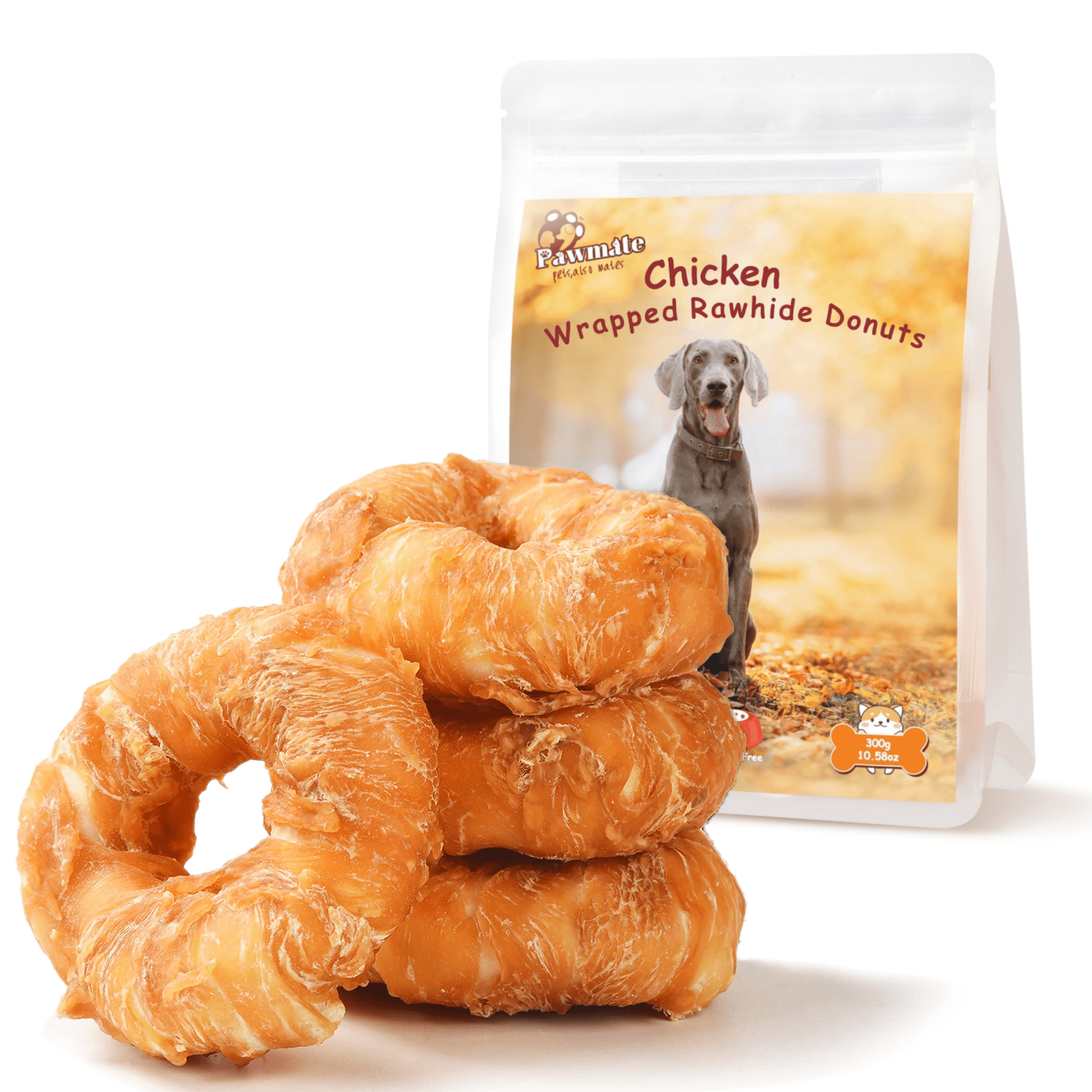 Pawmate Chicken Wrapped Rawhide Donuts Dog Treats, Long Lasting Chews Grain Free Snacks for Medium Large Dogs, 4 Count