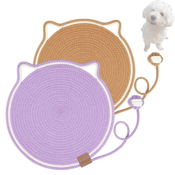 Pawmingle Cat Scratching Carpet Round Cotton Rope Mat with Hanging Ears and Ball, Wall Mounted Cat Scratch Pad for Indoor Use