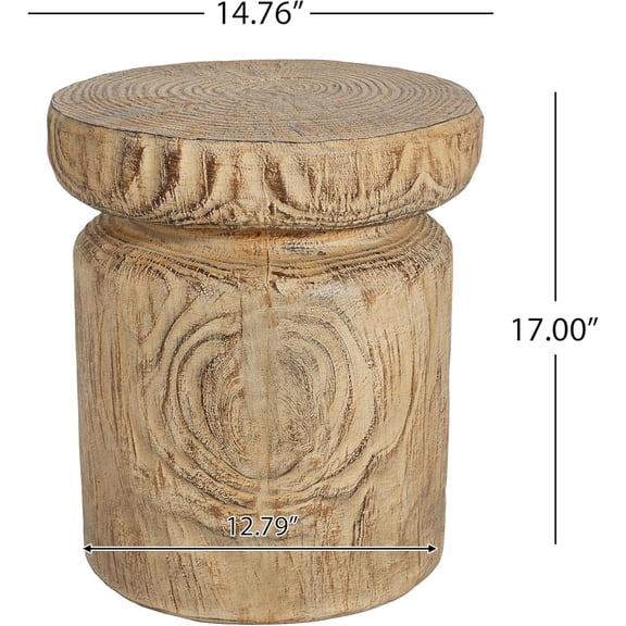 Pawn 17" H MGO Outdoor Side Table with Tree-Stump Design, Decorative Wood-Like Texture End Table, Round Top Lightweight Concrete Garden Stool, No Assembly, Natural