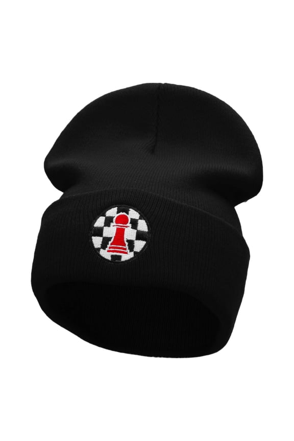 Pawn Chess Piece Embroidered 12 Inch Long Knitted Beanie - Black OSFM