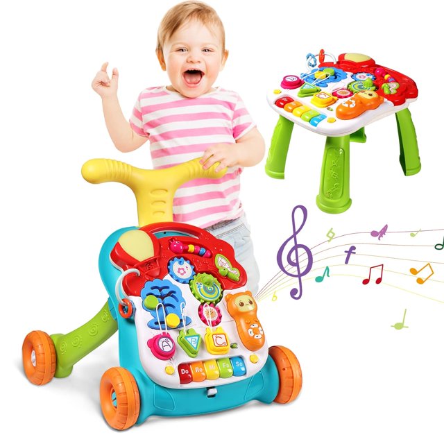 Pawoopawoo 3 in 1 Sit to Stand Walker, Baby Push Walker with Musical