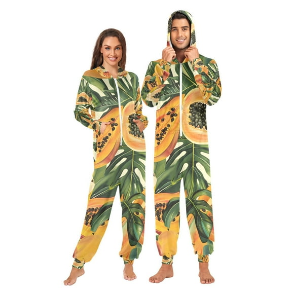 Pawpaw Leaves Adult Onesie Pajamas Slim Fit Christmas One Piece Suit Pjs for Women and Men Hooded Zipper