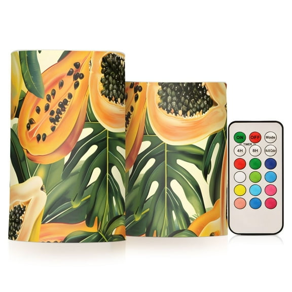 Pawpaw Leaves Flameless CandlesLED Lights Battery Operated Candles with Remote and Timers Flicker Lights Votive Set of 2