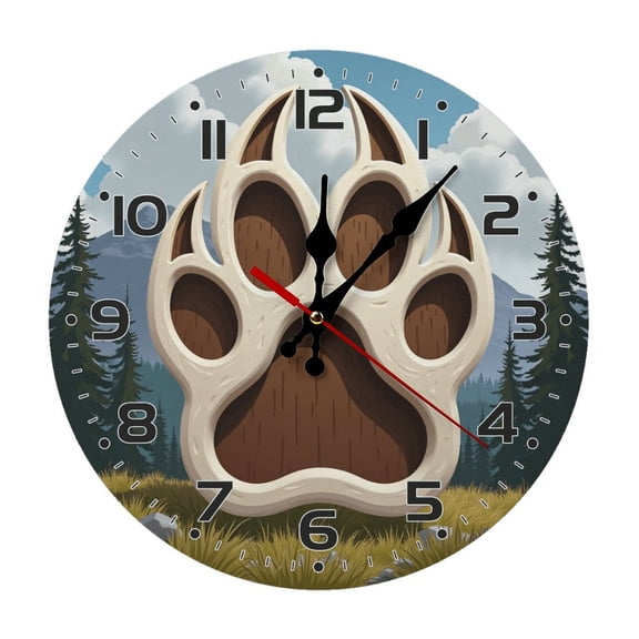 Pawprint Bear Forest Wall Clock 10 Inch Silent Non Ticking Round Wooden Clock Decoration for Living Room Kitchen Bedroom Bathroom Office Classroom