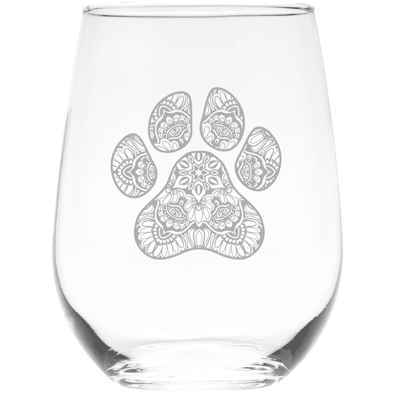 C&M Personal Gifts 17 oz Pawprint Stemless Wine Glass Dog and Cat Lover Gift (Style P1)