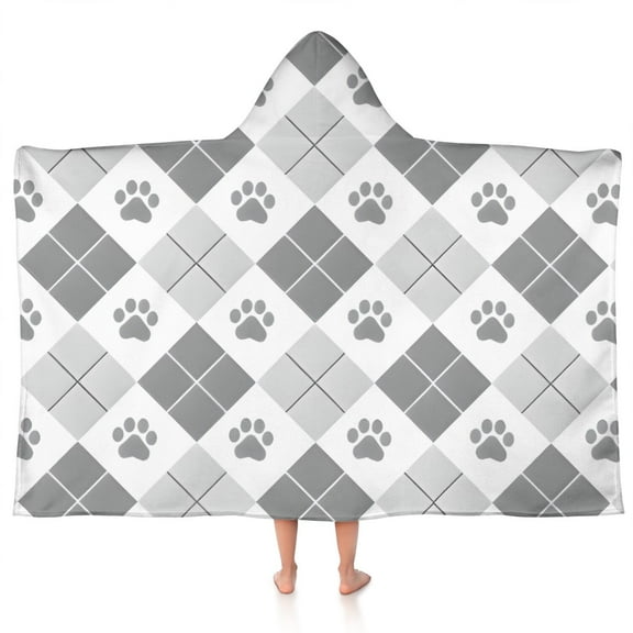 Pawprints Argyle Hooded Bath Towel，50"x30" for Ages 3 To 12 Kids, Quick Dry Lightweight Soft Microfiber Hood Beach Towel Cover Up for Kids