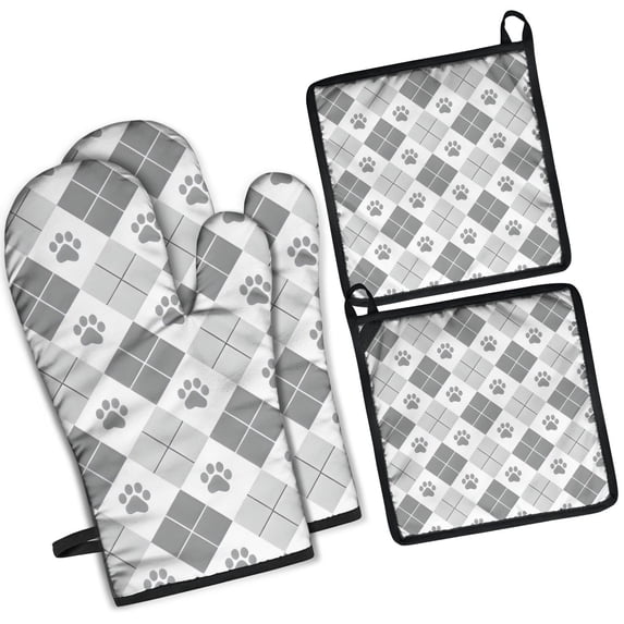 Pawprints Argyle Kitchen Oven Mitt and Pot Holder Sets 4 Pcs for Baking, Cooking and Grilling, Heat Resistant Up To 392 °F