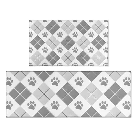 Pawprints Argyle Kitchen Rugs Sets Of 2,Anti Fatigue Kitchen Mat Rugs Non Slip Washable,Decorative Kitchen Floor Mats for Kitchen,Sink,Laundry,17"x30"+17"x47"
