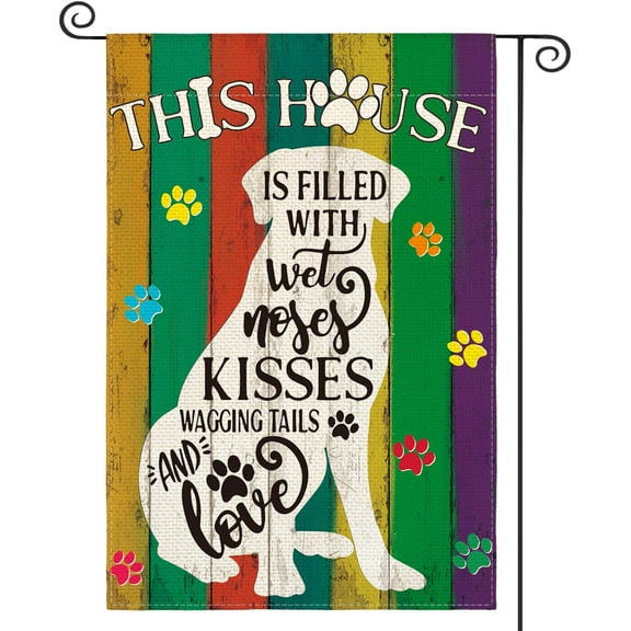 Pawprints Pet Dogs Garden Flag 12x18 Inch Double Sided Outside, Burlap Farmhouse Wood Textures Yard Outdoor Decoration