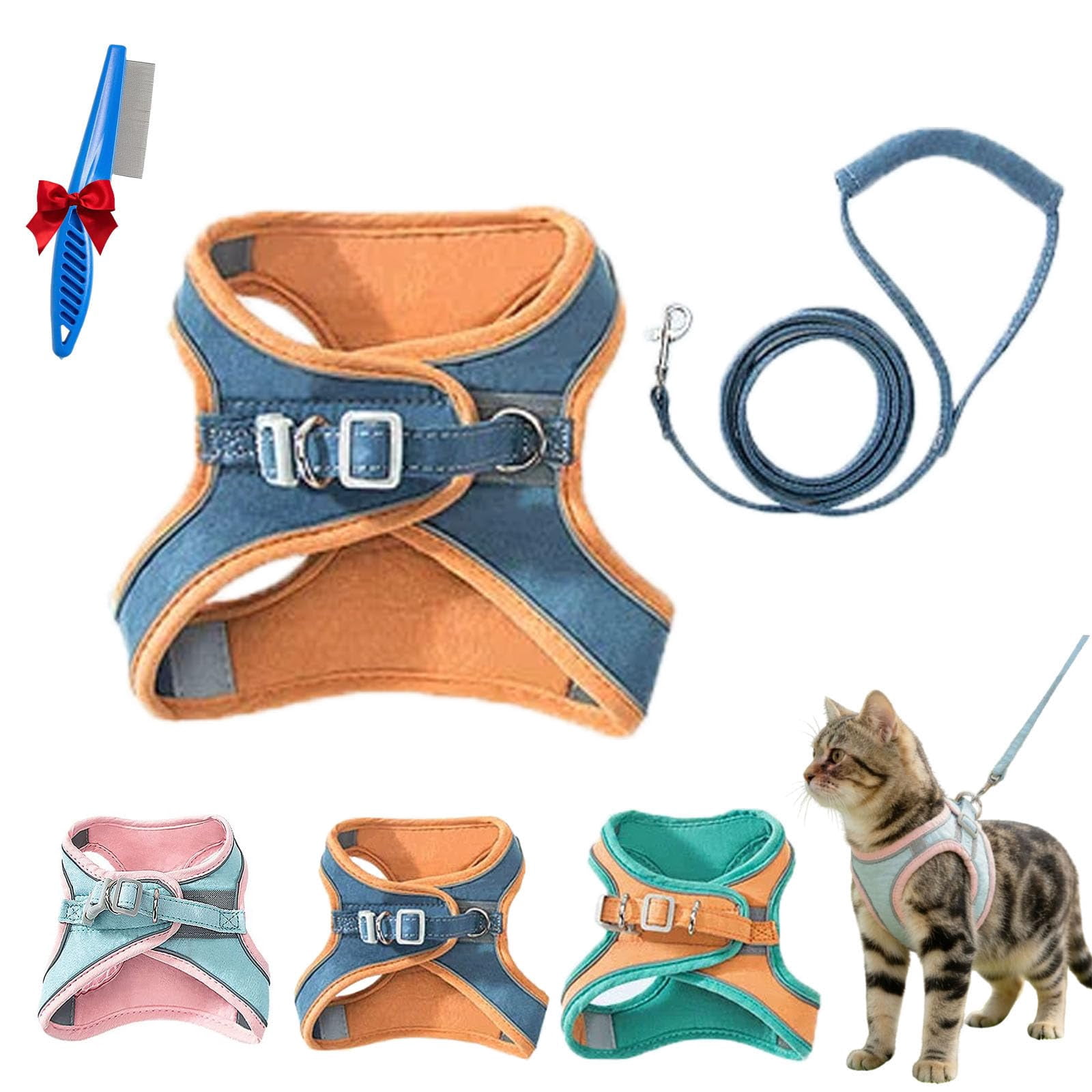 Pawras Cat Harness and Leash, Escape-Proof Vest Style Cat Harness and Leash, Breathable Soft Adjustable Escape Proof Cats Leash, Easy to Wear for Outdoor Walking(Blue, XL)